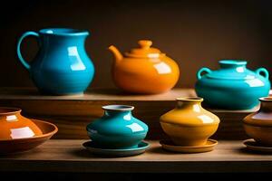 une rangée de coloré céramique des vases sur une étagère. généré par ai photo