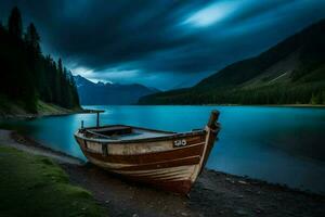 une bateau est assis sur le rive de une Lac en dessous de une orageux ciel. généré par ai photo
