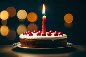 une anniversaire gâteau avec une Célibataire bougie sur Haut. généré par ai photo