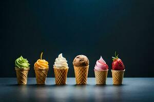 différent les saveurs de la glace crème dans cônes. généré par ai photo