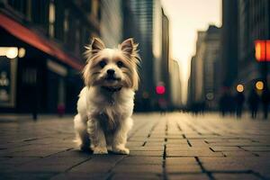 une petit blanc chien est permanent sur une brique route. généré par ai photo