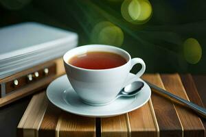 une tasse de thé sur une en bois tableau. généré par ai photo