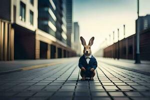 une lapin dans une costume est assis sur le rue. généré par ai photo