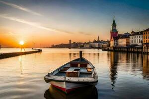 une bateau est assis sur le l'eau à le coucher du soleil dans une ville. généré par ai photo