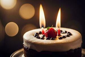 une anniversaire gâteau avec deux brûlant bougies. généré par ai photo