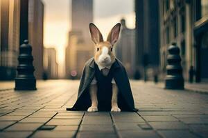 une lapin habillé dans une costume et attacher permanent sur une rue. généré par ai photo