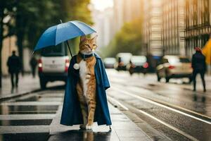 une chat dans une bleu manteau et bleu parapluie. généré par ai photo