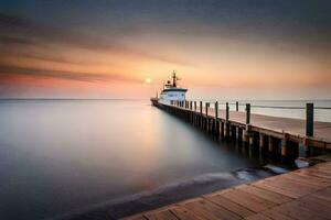 une longue exposition photographier de une Dock à le coucher du soleil. généré par ai photo