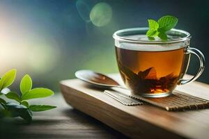 une tasse de thé avec menthe feuilles sur une en bois tableau. généré par ai photo