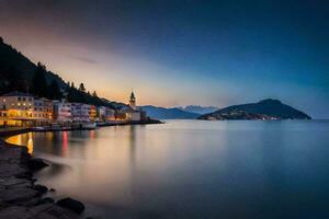 le ville de Lac Côme à crépuscule. généré par ai photo