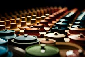 une grand groupe de coloré des pots et couvercles. généré par ai photo