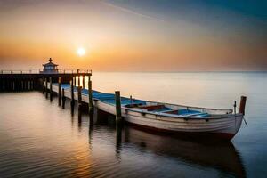 une bateau est assis à le fin de une jetée à le coucher du soleil. généré par ai photo