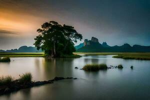 une arbre dans le milieu de une Lac à le coucher du soleil. généré par ai photo