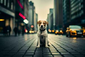 une chien séance sur le rue dans le ville. généré par ai photo