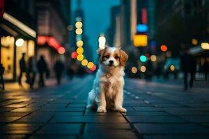 une chien séance sur le rue à nuit. généré par ai photo