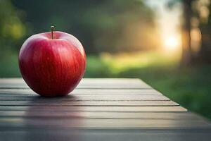 un Pomme est assis sur une en bois table dans le Soleil. généré par ai photo