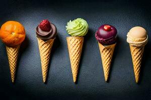 cinq la glace crème cônes avec différent les saveurs. généré par ai photo