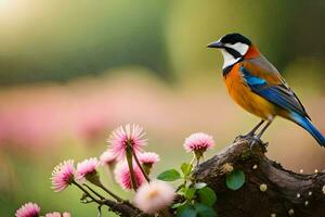 une coloré oiseau est assis sur une branche dans de face de rose fleurs. généré par ai photo