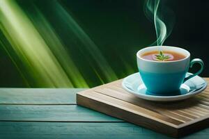 une tasse de thé sur une en bois tableau. généré par ai photo