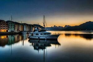 une bateau est amarré dans le l'eau à le coucher du soleil. généré par ai photo