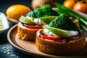 deux tranches de pain surmonté avec Avocat et tomates. généré par ai photo