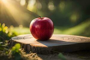 un Pomme est assis sur Haut de une souche dans le Soleil. généré par ai photo