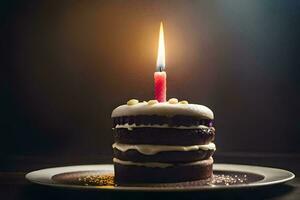 une anniversaire gâteau avec une Célibataire bougie sur Haut. généré par ai photo