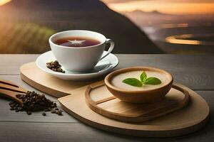 une tasse de café et une cuillère sur une en bois plateau. généré par ai photo