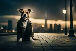 une chien dans une manteau séance sur le sol dans de face de une ville. généré par ai photo