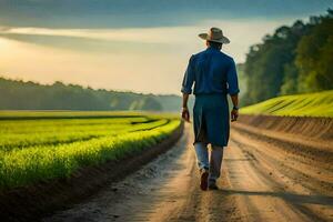 une homme dans une chapeau et bleu chemise en marchant vers le bas une saleté route. généré par ai photo