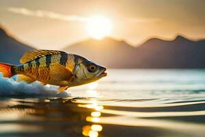 une poisson est sauter en dehors de le l'eau à le coucher du soleil. généré par ai photo