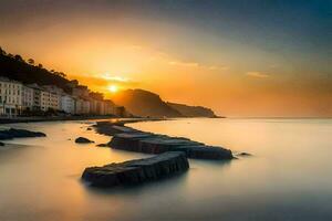 le Soleil ensembles plus de le mer et rochers. généré par ai photo