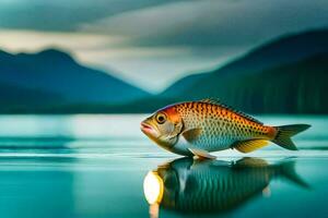 une poisson est permanent sur le l'eau dans de face de une Montagne. généré par ai photo