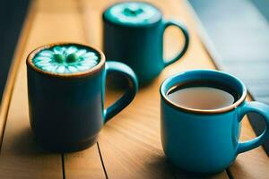 deux bleu tasses avec café et une bleu fleur. généré par ai photo