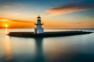 une phare est vu à le coucher du soleil dans le océan. généré par ai photo