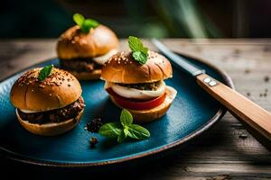 Trois mini des hamburgers sur une bleu plaque. généré par ai photo