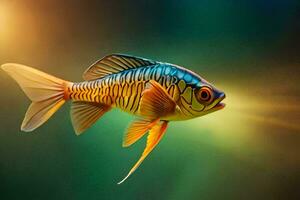 une poisson avec brillant couleurs est nager dans le l'eau. généré par ai photo