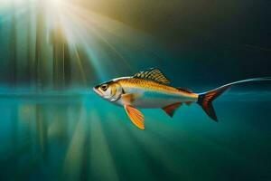 une poisson nager dans le l'eau avec lumière du soleil brillant. généré par ai photo