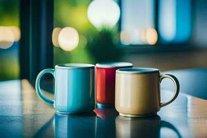 Trois coloré café des tasses sur une tableau. généré par ai photo