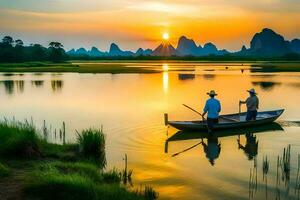 deux Hommes dans une bateau sur une rivière à le coucher du soleil. généré par ai photo