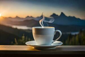 une tasse de café sur une Montagne Haut. généré par ai photo