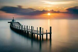 une longue exposition photographier de une jetée à le coucher du soleil. généré par ai photo