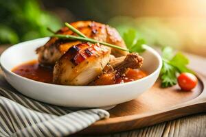 poulet dans une bol avec tomate sauce sur une en bois tableau. généré par ai photo