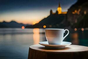 café tasse sur une en bois table surplombant Lac à nuit. généré par ai photo