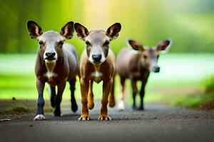 Trois petit cerf en marchant vers le bas une route. généré par ai photo