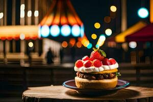 une fraise gâteau avec fouetté crème et des fraises sur Haut. généré par ai photo