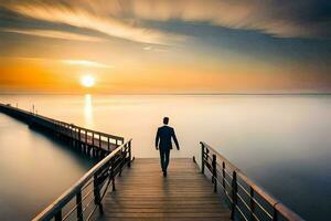 une homme des promenades le long de une jetée à le coucher du soleil. généré par ai photo