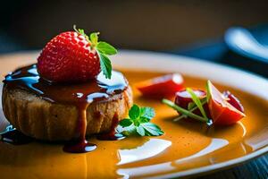 une dessert avec Chocolat sauce et des fraises. généré par ai photo