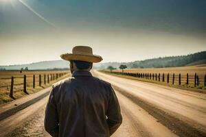 une homme dans une chapeau des stands sur le route à la recherche à le horizon. généré par ai photo