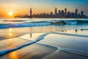 le Soleil monte plus de le ville horizon et vagues sur le plage. généré par ai photo